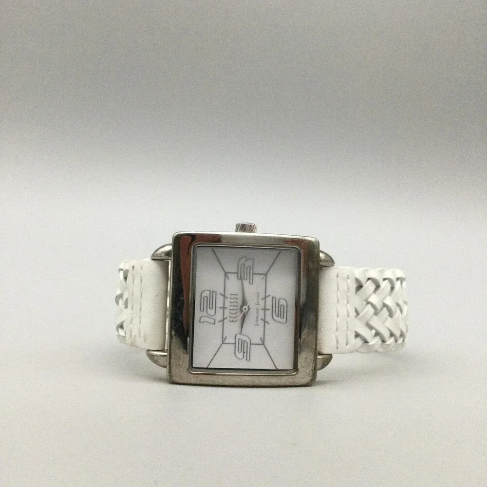 Ecclissi Womens Watch 30mm Sterling Silver White Leather Band 23285 New Battery